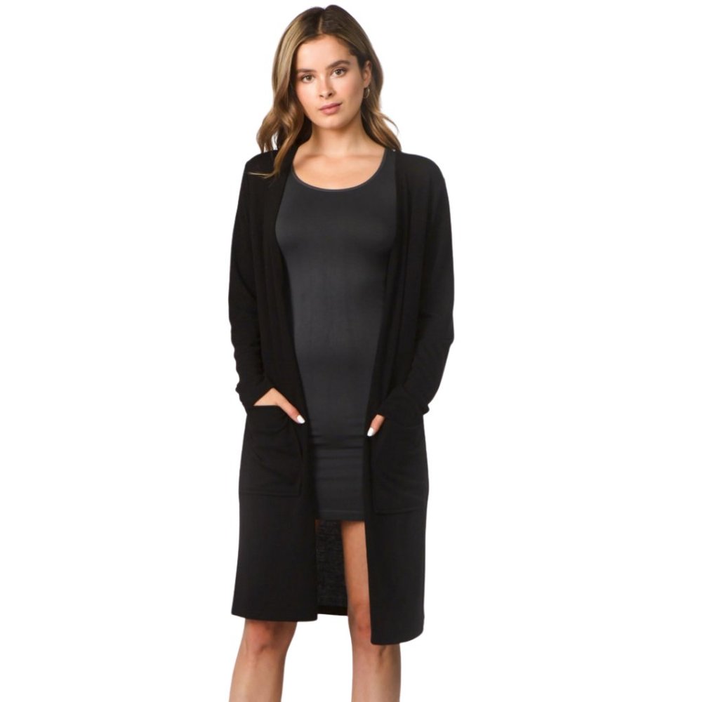 Black Lightweight Open Front Cardigan w/ pockets - Picture 3 of 6